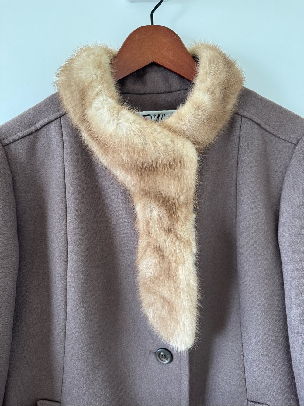 Womens Taupe Wool Coat with Fur Collar - Picture 2 of 5